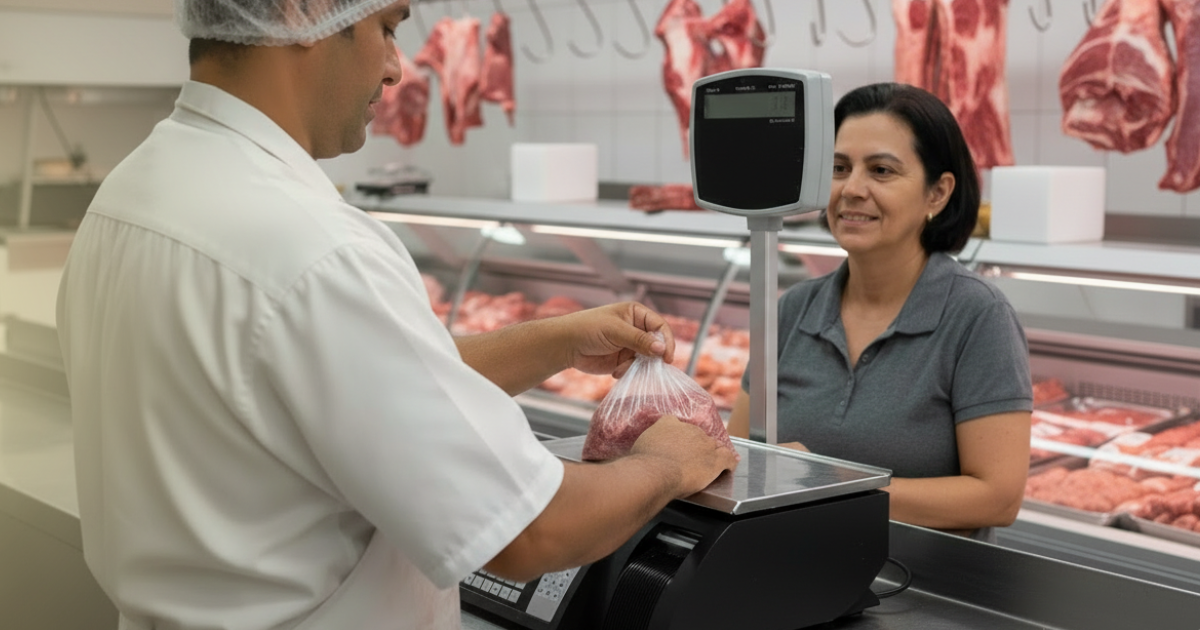 Atendente de açougue utilizando balança Prix V Plus com teclado de membrana Tecgraf em operação real